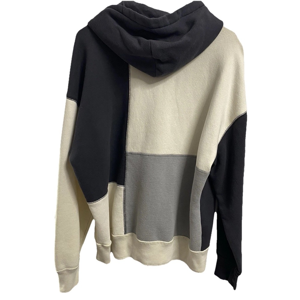 Hollister Vintage Mens Y2K Patchwork Hoodie Sweatshirt Grays/Ivory Sz.L Overszed